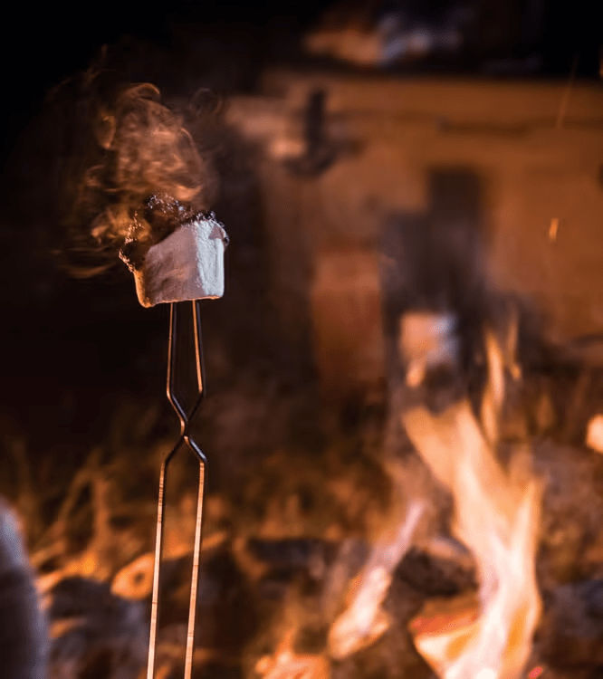 Marshmallow toasting on a fork over a glowing campfire at night