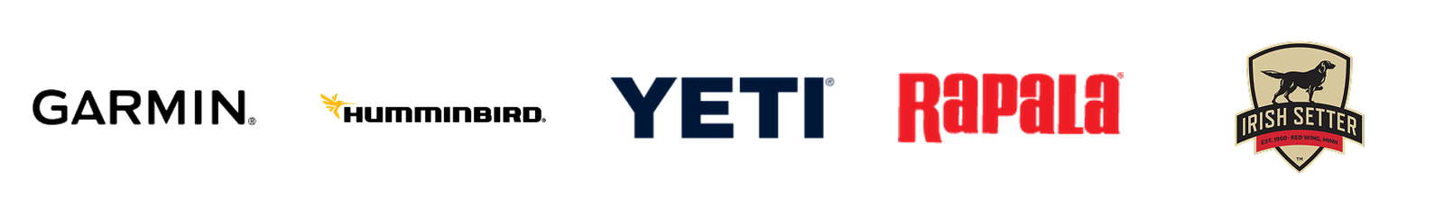 Brand logos: Garmin, Humminbird, YETI, Rapala and Irish Setter