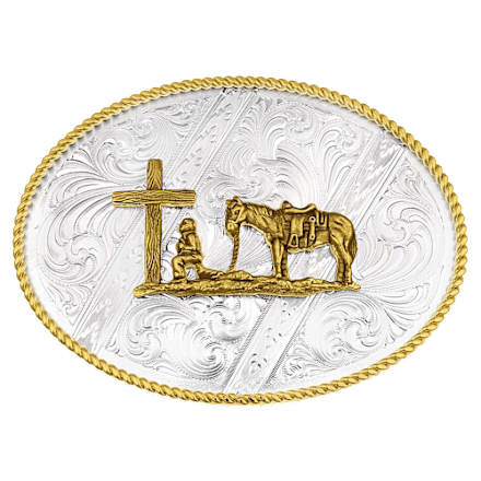 Auffällige christliche Cowboy-Gürtelschnalle mit Gravur von Montana Silversmiths