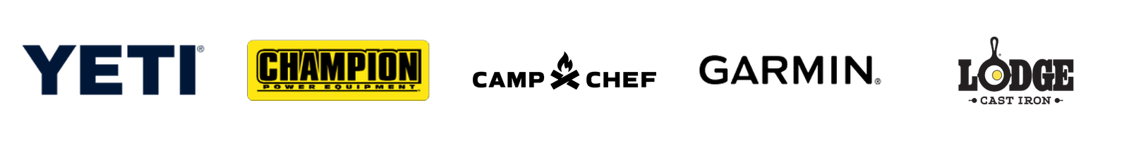 Brand logos: YETI, Champion Power Equipment, Camp Chef, Garmin and Lodge Cast Iron