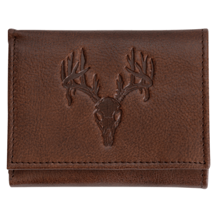 Dreifach faltbare Geldbörse aus geprägtem Leder mit RedHead-Motiv „Buck Skull“.